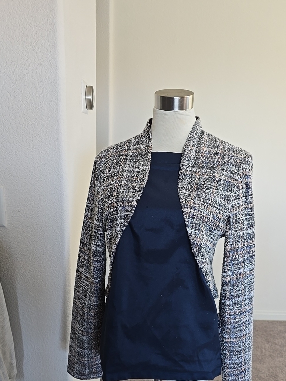 Womens Open-Front Tweed Shrug Jacket - Navy/multi colored